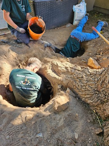 Work at an excavated pipe trench Technicians working beside an excavated pipe trench