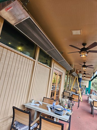 Covered patio work area Covered patio with ceiling equipment and work materials