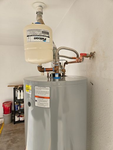 Storage water heater installation Storage water heater with connected plumbing equipment